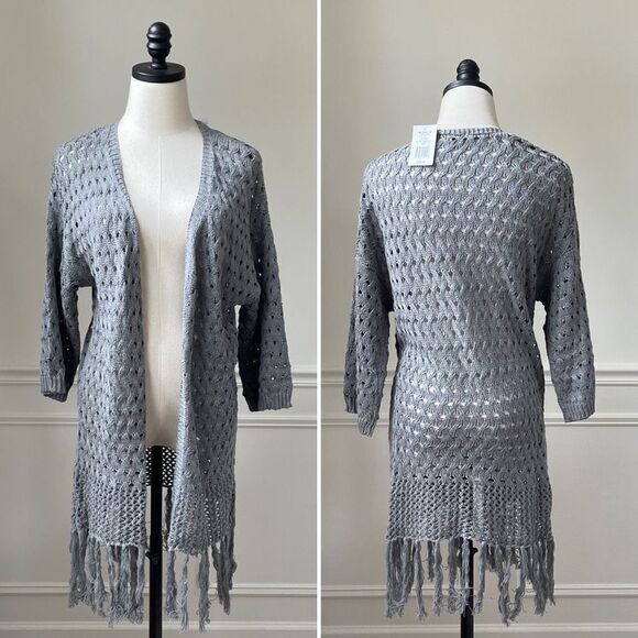 NWT Freshman Open Knit Grey Cardigan Tassels M - Picture 1 of 9